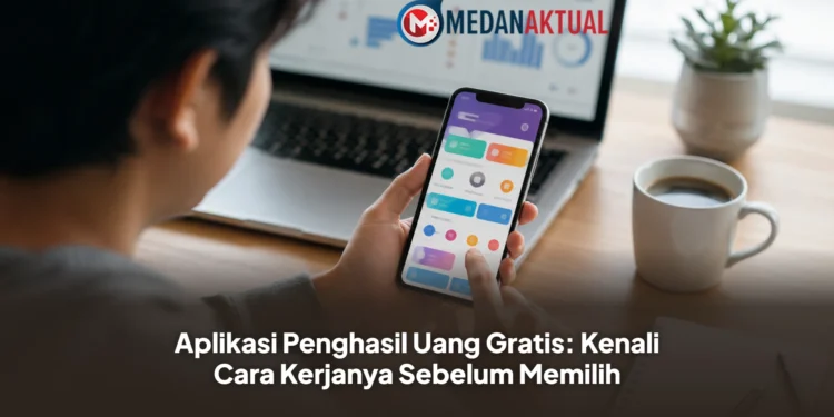 Seseorang membandingkan aplikasi penghasil uang gratis di smartphone sebelum memilih sesuai kebutuhan.