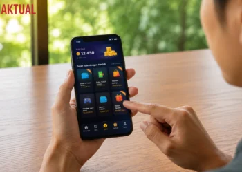 Ilustrasi aplikasi penghasil uang dengan berbagai aktivitas seperti survei, membaca, dan bermain game yang dapat ditukar menjadi saldo dompet digital.