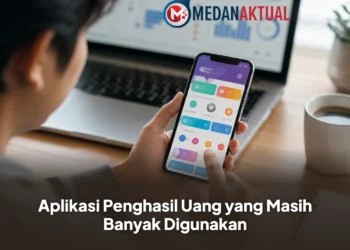 Ilustrasi seseorang menggunakan smartphone Android dengan antarmuka aplikasi berwarna di atas meja kerja modern.