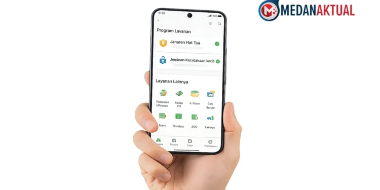 Ilustrasi tampilan aplikasi JMO BPJS Ketenagakerjaan di smartphone untuk proses daftar dan aktivasi akun peserta baru.