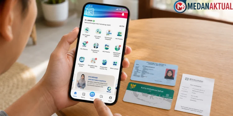 Tampilan aplikasi Mobile JKN di smartphone yang menunjukkan fitur kartu digital BPJS Kesehatan untuk diunduh dan digunakan sebagai kartu peserta.