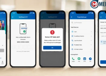 Ilustrasi beberapa tampilan layar Mobile JKN saat proses login, verifikasi OTP, dan pembaruan nomor HP yang sudah tidak aktif melalui aplikasi.