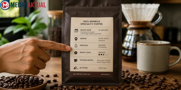Cara membaca label kemasan kopi dengan informasi Roast Date, Origin, Process, Roast Level, Tasting Notes, dan Altitude.