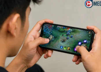 Ilustrasi pengguna memainkan game penghasil saldo DANA di smartphone untuk mengumpulkan poin reward.