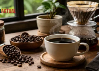 Secangkir kopi hitam di samping biji kopi dan alat seduh pour over sebagai ilustrasi penyebab kopi terasa hambar.