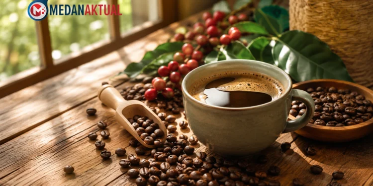 Secangkir kopi hitam tanpa gula dengan biji kopi panggang sebagai ilustrasi manfaat minum kopi hitam setiap hari.