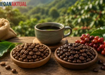 Perbedaan biji kopi Arabika dan Robusta di atas meja kayu dengan secangkir kopi hitam.
