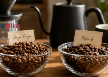 Perbandingan biji kopi Single Origin dan Blend di atas meja kayu.