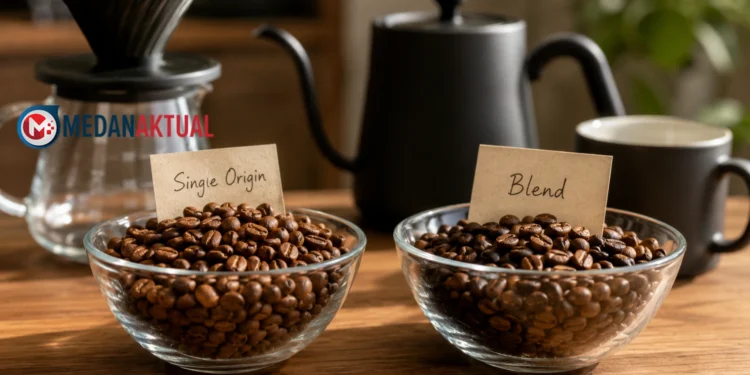 Perbandingan biji kopi Single Origin dan Blend di atas meja kayu.