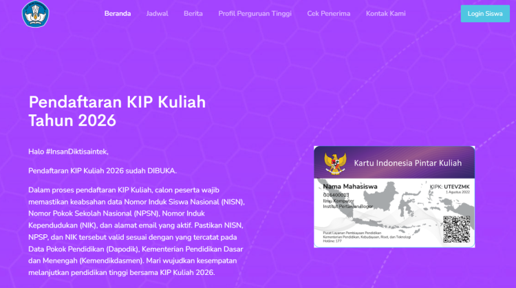 KIP Kuliah Beasiswa 2026 Dibuka, Ini Cara Mendaftarnya