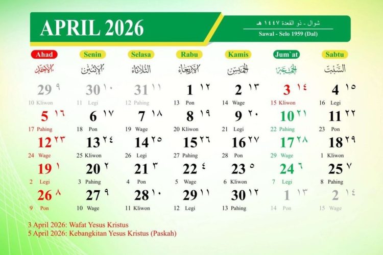 Kalender April 2026: Daftar Tanggal Merah, Libur Nasional, dan Long Weekend