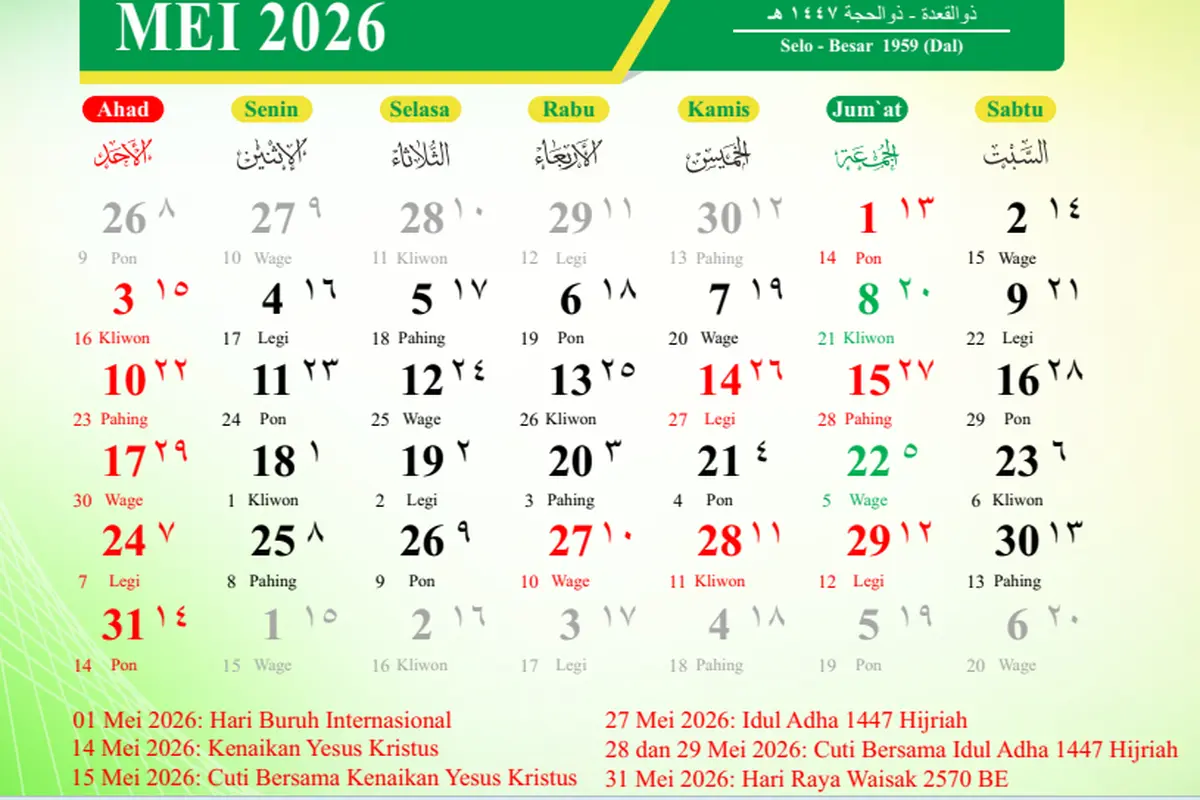 Daftar Libur Nasional dan Cuti Bersama Mei 2026, Banyak Long Weekend