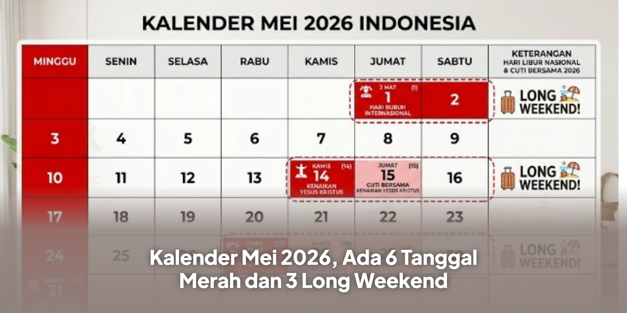 Kalender Mei 2026, Ada 6 Tanggal Merah dan 3 Long Weekend
