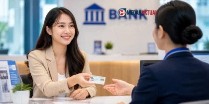 Proses buka rekening bank dengan menyerahkan KTP di kantor bank
