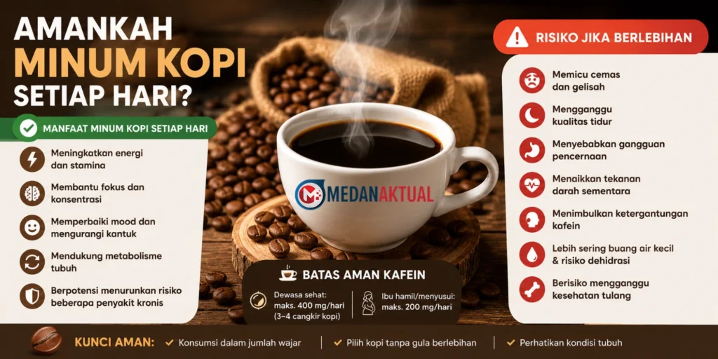 Ilustrasi secangkir kopi hitam panas untuk artikel keamanan minum kopi setiap hari