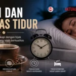 ilustrasi kopi dan kualitas tidur dengan jam dan orang tidur