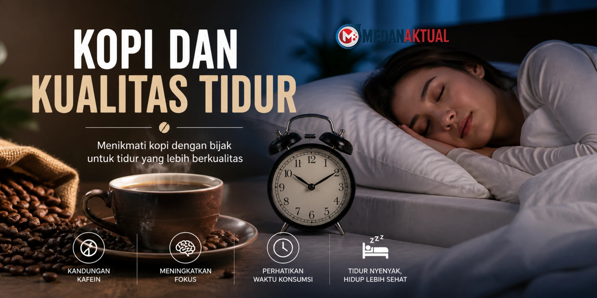ilustrasi kopi dan kualitas tidur dengan jam dan orang tidur