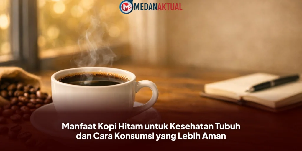 Kopi hitam panas di meja kayu dengan cahaya pagi untuk ilustrasi manfaat kopi kesehatan