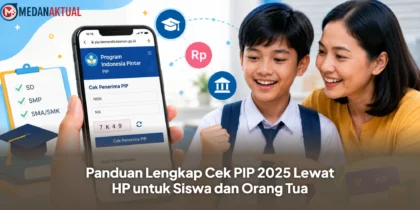Ilustrasi siswa dan orang tua mengecek status bantuan Program Indonesia Pintar (PIP) 2025 melalui HP secara online.