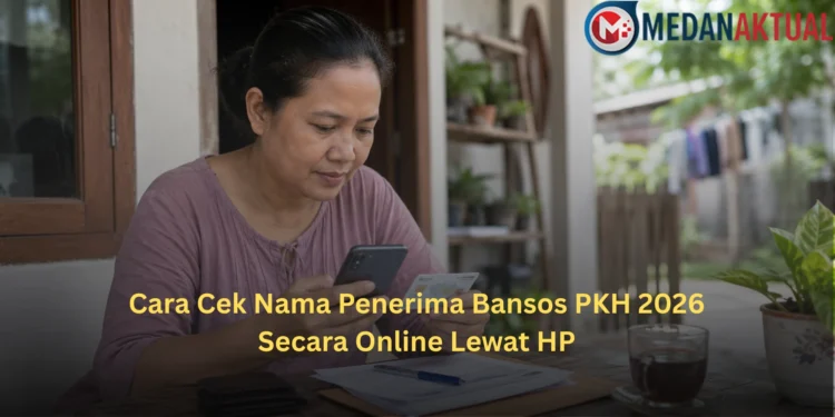 Warga Indonesia mengecek status penerima bansos PKH 2026 melalui HP menggunakan NIK KTP.