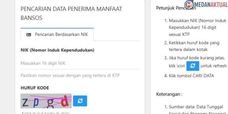 Tampilan halaman pencarian data penerima PKH menggunakan NIK KTP melalui layanan Cek Bansos Kemensos.