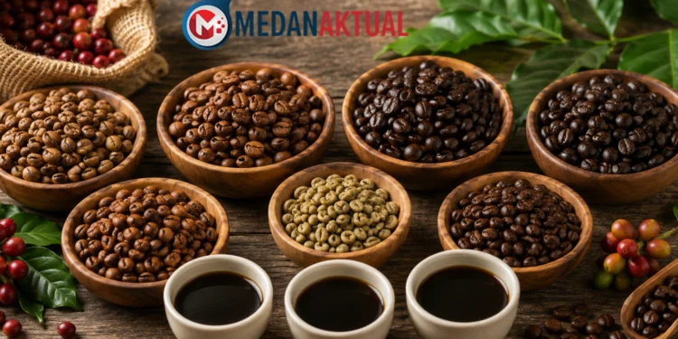 Beragam jenis kopi Indonesia seperti Gayo, Toraja, Kintamani, Mandailing, Flores Bajawa, dan Papua Wamena dalam bentuk biji kopi dengan tingkat sangrai yang berbeda.