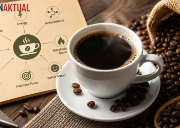 Secangkir kopi hitam tanpa gula dengan biji kopi, menggambarkan manfaat kopi untuk kesehatan seperti meningkatkan fokus, energi, dan kandungan antioksidan.