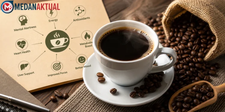 Secangkir kopi hitam tanpa gula dengan biji kopi, menggambarkan manfaat kopi untuk kesehatan seperti meningkatkan fokus, energi, dan kandungan antioksidan.